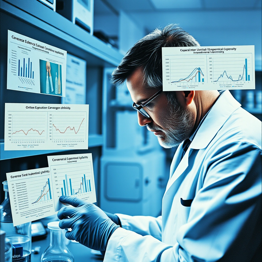 Researcher reviewing experimental data and results from multiple studies on a computer screen.