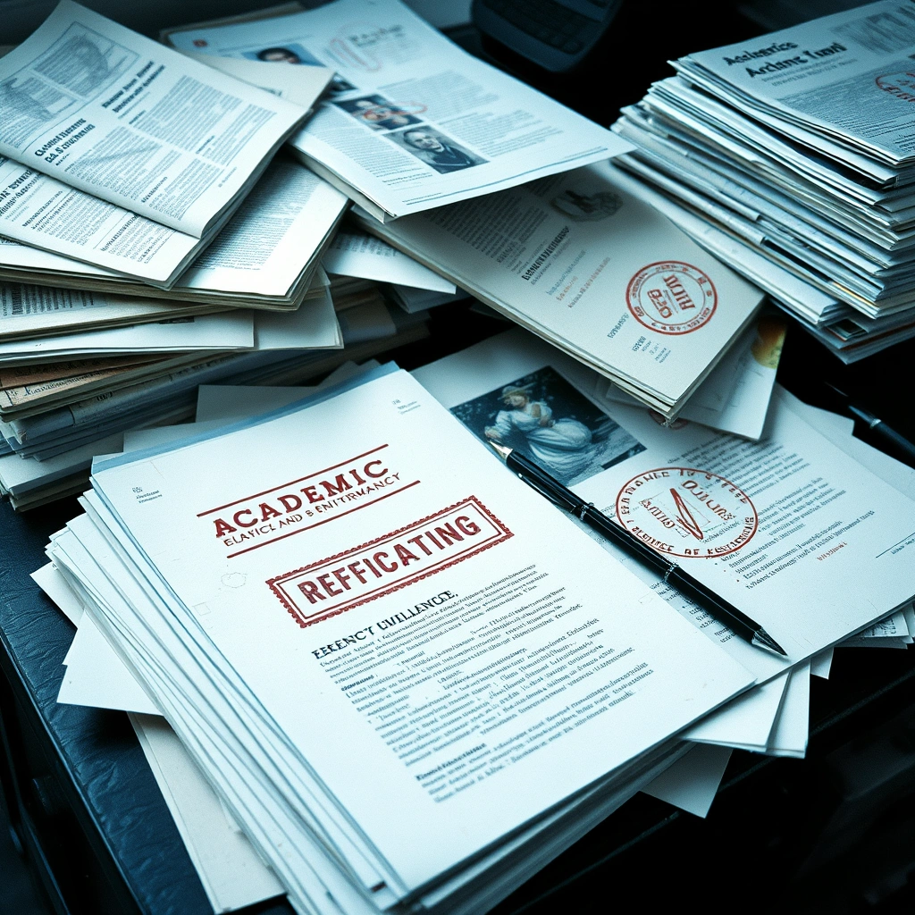 Stack of academic journals and papers showing various publication quality standards and peer review documentation.