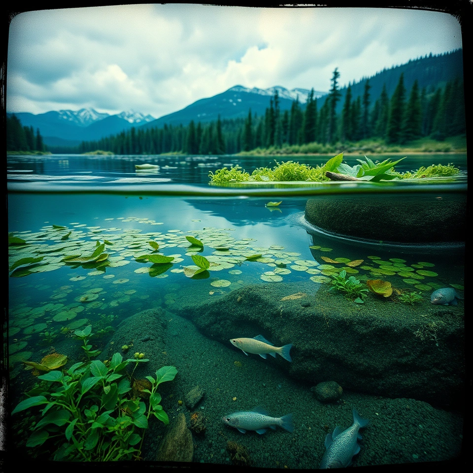 A pond ecosystem with organisms and water, set within a broader environmental landscape of terrain and weather.