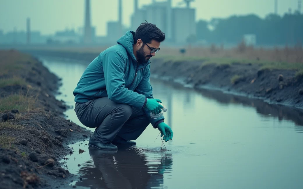 Environmental scientist collecting water samples from a contaminated waterway near industrial infrastructure.