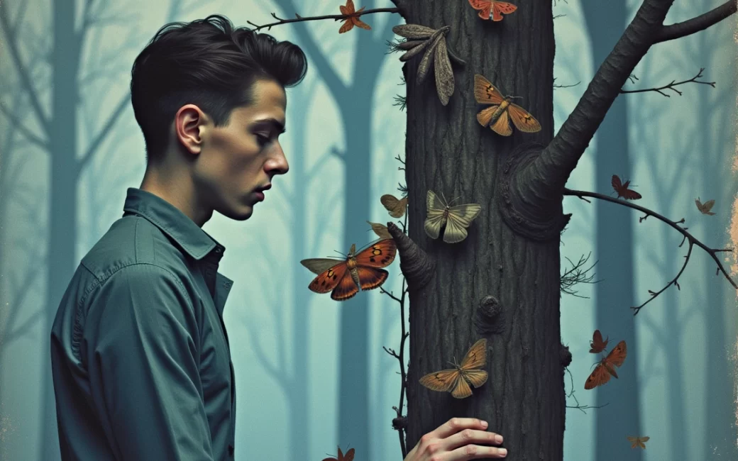 Peppered moths of different colors on tree bark in industrial and rural settings.